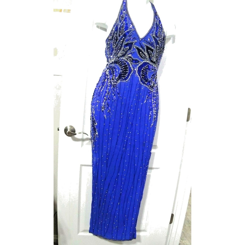 Pageant Gown Sequin Blue Beaded Halloween Drag Queen Costume Cosplay #120